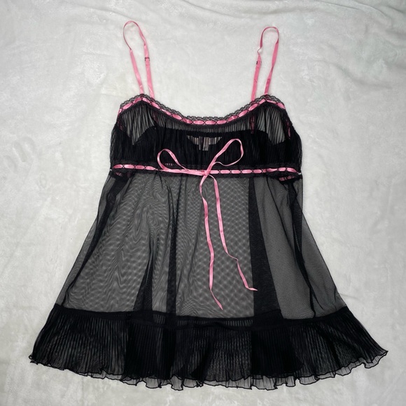 Women’s Y2K Medium Victoria Secret Black and Pink lace Babydoll Slip Dress - Picture 7 of 16